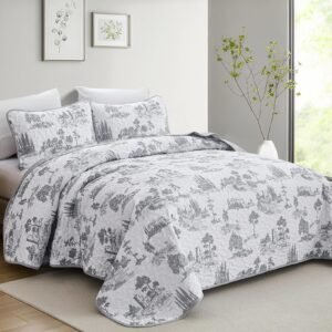 FlashBin Queen Blue Quilt Set French Country Toile Bedding for All Season 3 Piece Farmhouse Village Soft Microfiber Botanical Leaves Bedspread Coverlet with 2 Pillowcases 96