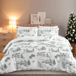 FlashBin Grey Christmas Comforter Set Queen Size,Toile Christmas Tree Deer Snowman Village Comforter,3 Pieces Soft Microfiber Bedding Set for All Season 90