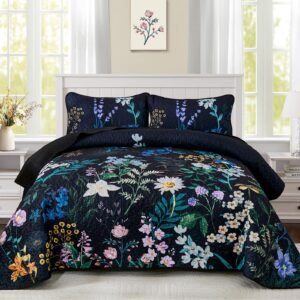FlashBin Floral Quilt Set Queen Size, Black Orange Botanical Bedspreads Bedding Set, 3 Pieces Summer Soft Lightweight Microfiber Coverlet with 2 Pillow Shams for All Season 96x90 Inch