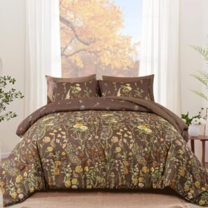 FlashBin 7 Piece Pink Green Floral Comforter Set King Size, Cute Botanical Comforters Lightweight Coquette Bedding Set Flower Bed in a Bag Soft Farmhouse Bedding Set with Sheets for Women