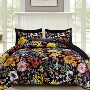 FlashBin Green Bed in a Bag Comforter Set Queen 7 Pieces Floral Bedding Set for Bed,Soft Microfiber Sunflower Botanical Comforter with 1 Flat Sheet 1 Fitted Sheet 2 Pillowshams