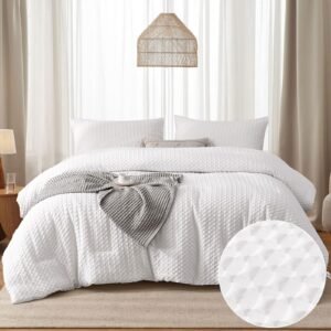 FlashBin White Comforter Set Waffle Seersucker Checkered Comforter Checkered Bedding Set,3 Pieces(1 Comforter and 2 Pillowcases),Soft Microfiber,King 104