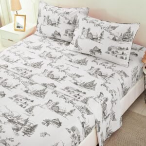 FlashBin Christmas Sheet Set Queen 4 Piece Christmas Deer and Tree Bed Sheet Soft Microfiber Deep Pocket Bedding Sheets Queen with 1 Fitted Sheet, 1 Flat Sheet, 2 Pillowcases