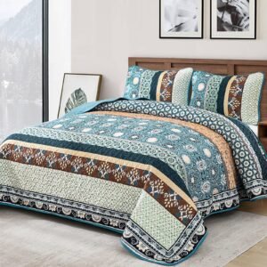 FlashBin Grayish Blue Boho Quilt Set Queen Size, Stripe Bedspreads Bedding Set, Aztec Bohemian Lightweight Coverlet Set with 2 Shams for Bed 96x90 Inch